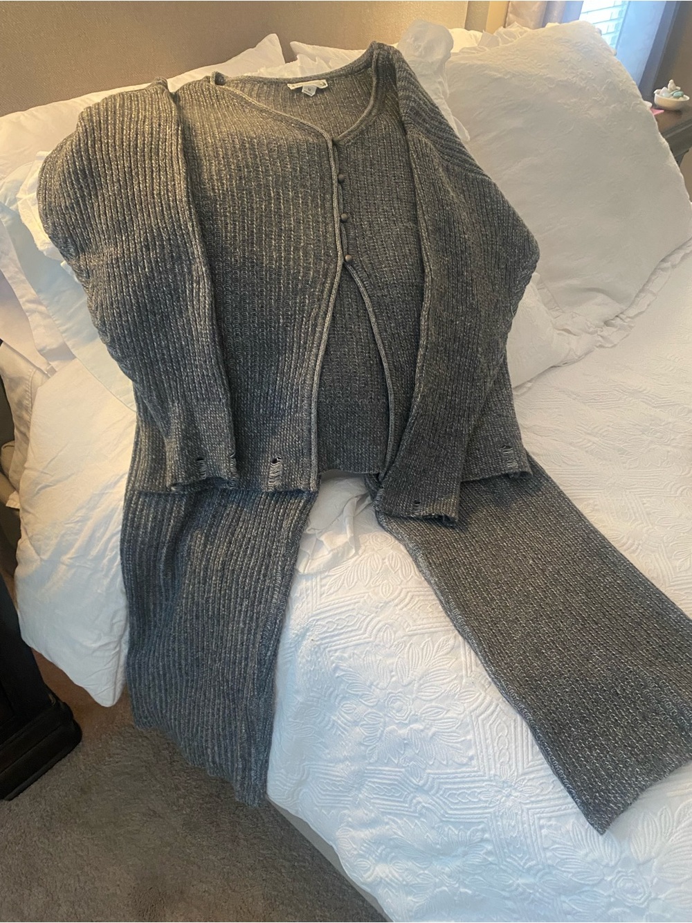 Love Riche Charcoal Gray Ribbed Sweater Cardigan and Pants Set